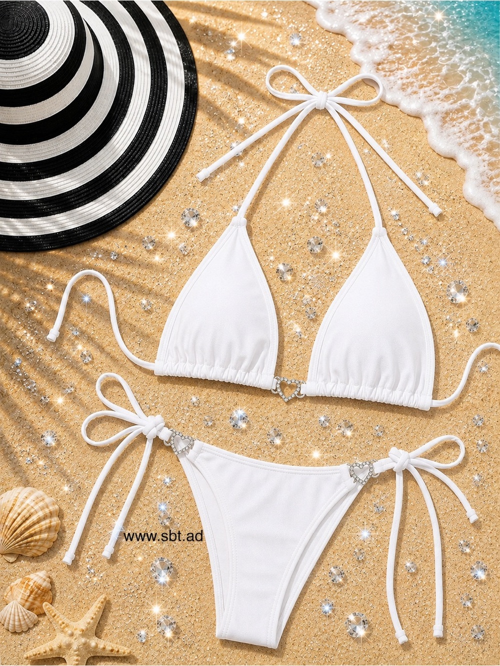 NEW Triangle Bikini Sparkling Bling Crystal Rhinestone Heart Swimsuit Beach Wear - Picture 6 of 13